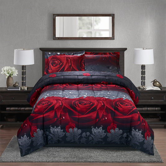 3D Comforter Set featuring red roses and gray floral accents on soft microfiber, ideal for romantic bedroom decor in Home & Garden bedding.