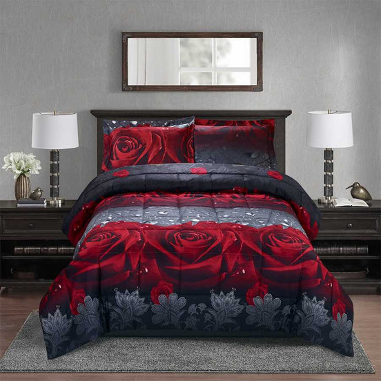 3D Comforter Set featuring red roses and gray floral accents on soft microfiber, ideal for romantic bedroom decor in Home & Garden bedding.