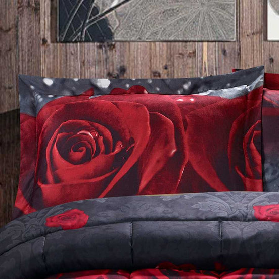 Close-up of 3D Rose Comforter Set pillowcase with vivid red rose print on microfiber fabric, enhancing luxury bedding appeal.