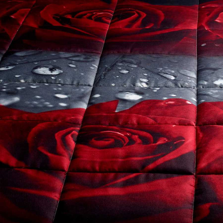 Detailed view of 3D Comforter Set quilt showcasing red roses and water droplet effect on soft microfiber for elegant bedroom style.