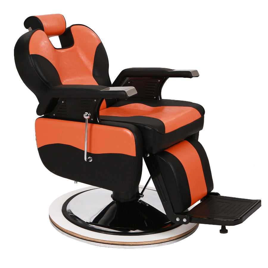 Reclining barber chair with orange and black leather upholstery, adjustable footrest, and cushioned headrest for client comfort.