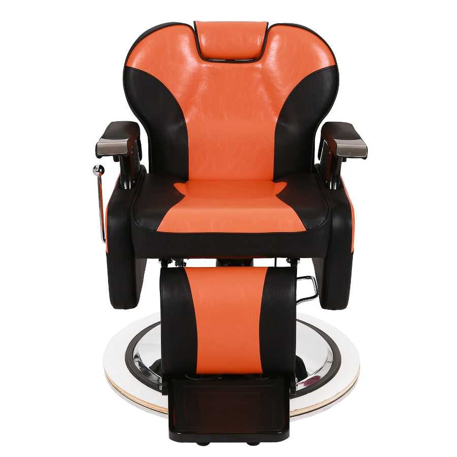 Front view of salon barber chair with wide seat, padded armrests, and sturdy base, suitable for barbershops and tattoo studios.