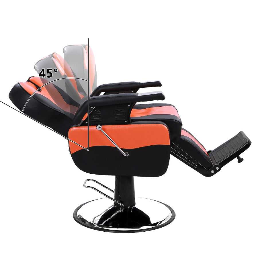 Barber chair reclining at 45 degrees with adjustable backrest and footrest, designed for versatile salon and tattoo shop use.