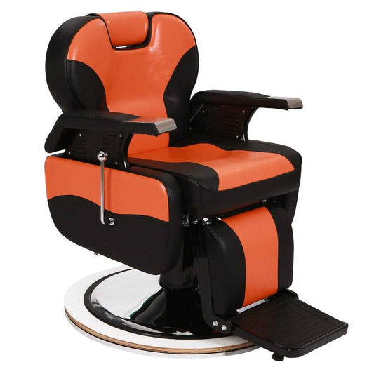 Barber Chair with Leather Cover in black and orange, featuring ergonomic design and footrest, ideal for salons and tattoo shops.