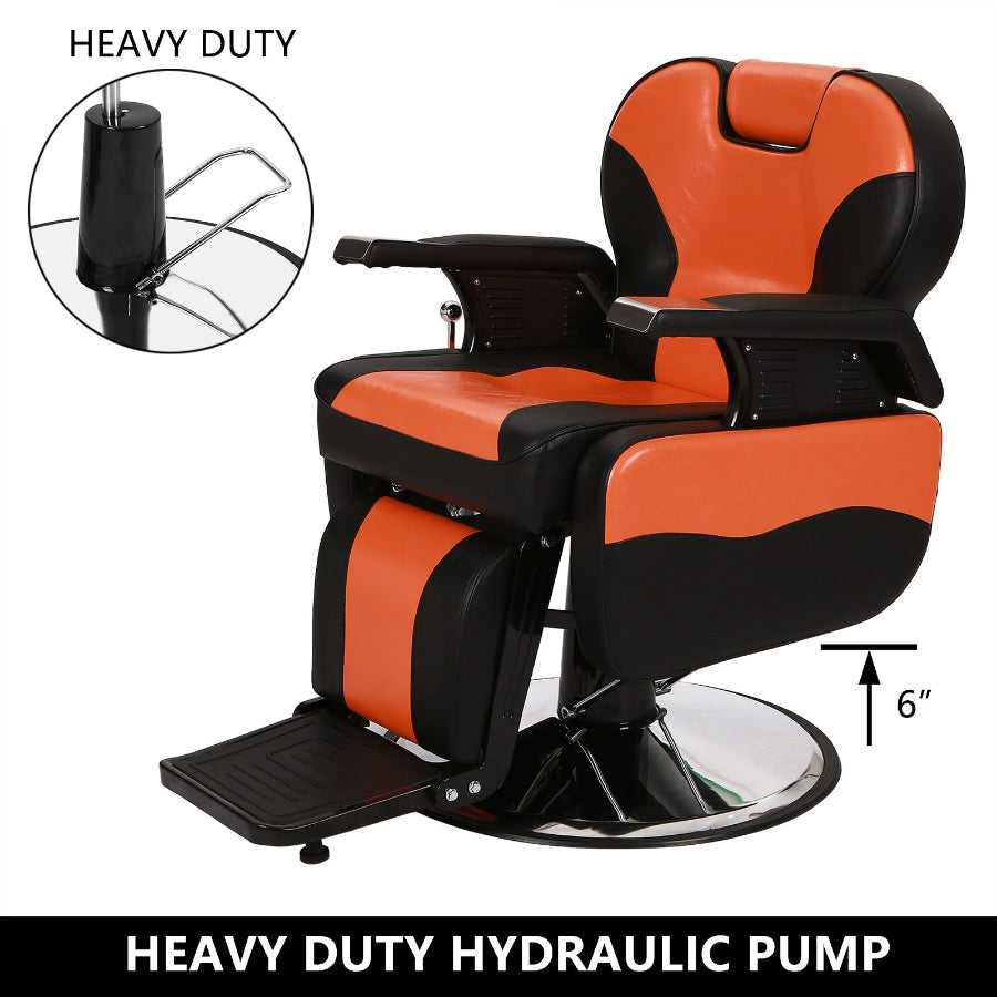 Barber chair with heavy-duty hydraulic pump and 6-inch lift, offering comfort and durability for salon professionals.