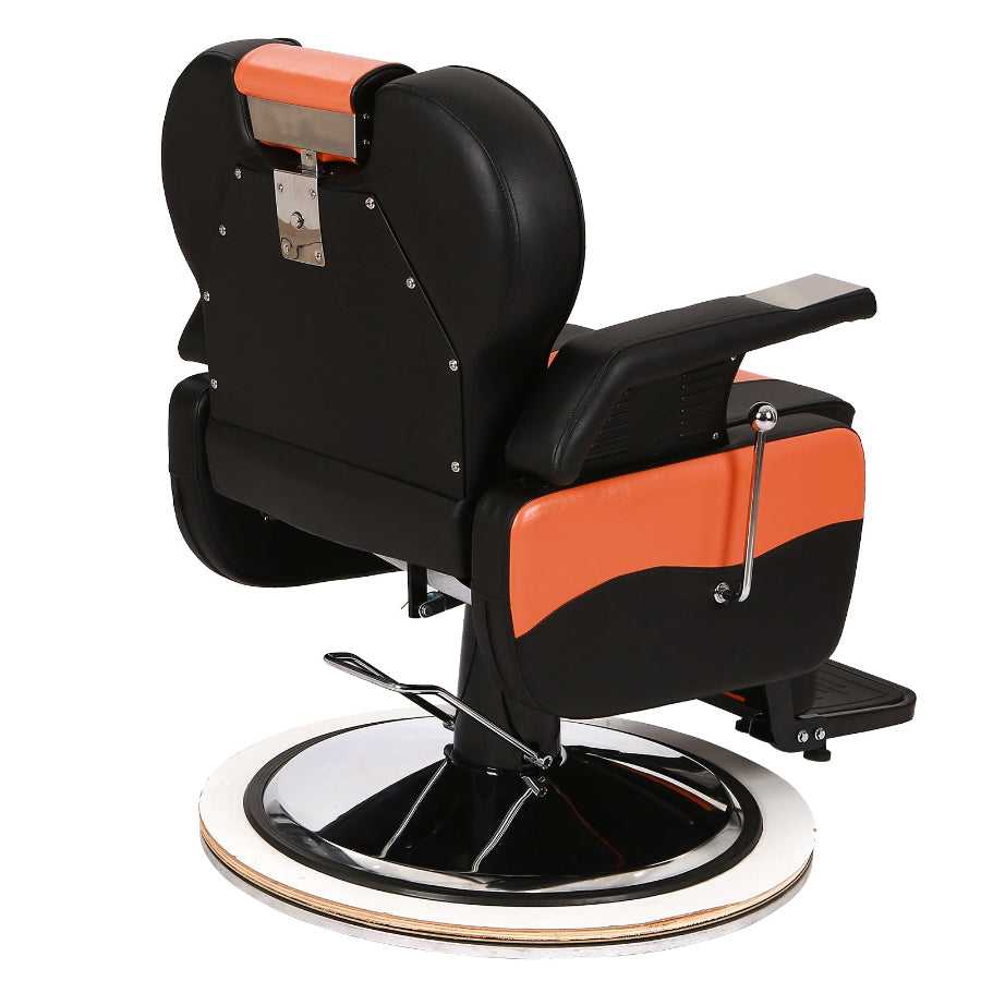 Rear view of black and orange leather barber chair with steel frame and reclining backrest, designed for professional salon use.