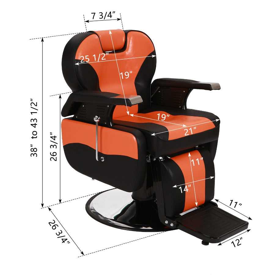 Detailed dimensions of barber chair with leather cover, showing seat width, height range, and footrest measurements for salon setup.