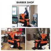 Barber chair with leather cover shown in various salon environments, emphasizing its professional look and functional design.