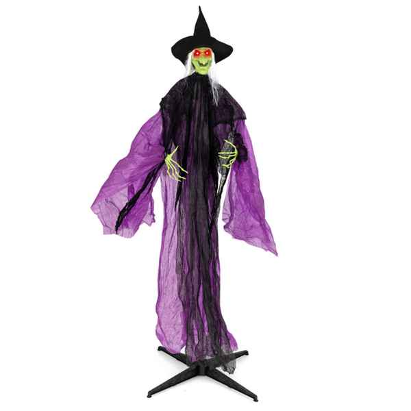 Halloween witch decoration with purple cape and black hat on a stand.