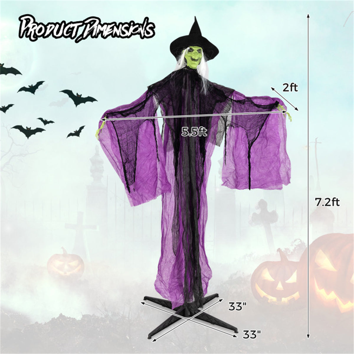 Halloween decoration of a witch with measurements on a light blue background with pumpkins and bats.
