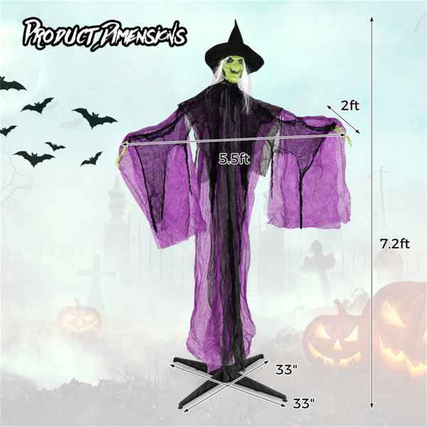 Halloween decoration of a witch with measurements on a light blue background with pumpkins and bats.