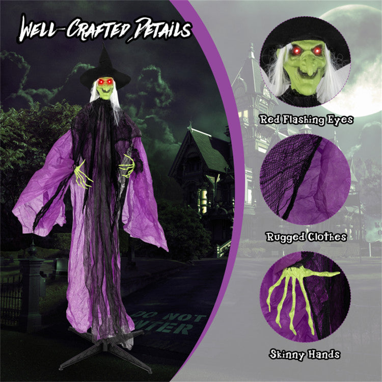 Halloween decoration of a witch with well-crafted details, including red flashing eyes, rugged clothes, and skinny hands, set against a dark background.