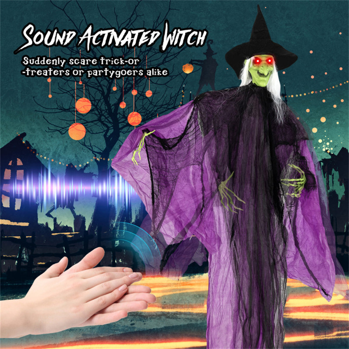 Halloween decoration of a sound-activated witch with a hand triggering it.