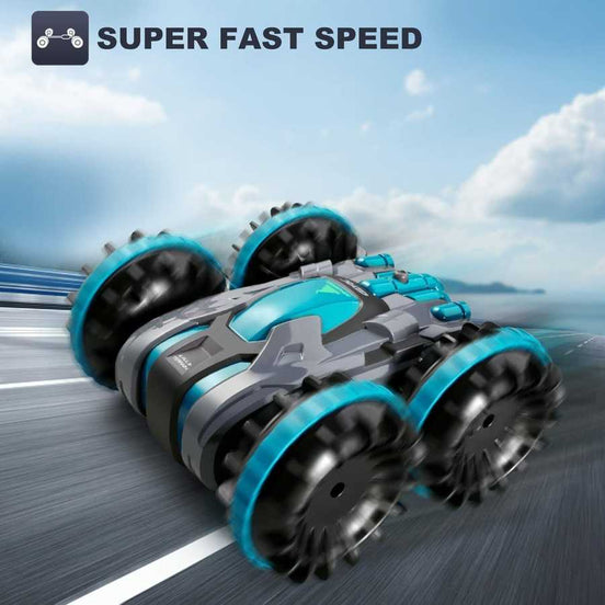 4D C9 Amphibious RC Car for Kids racing at high speed on road, showcasing 360° stunt vehicle capabilities for boys' remote control fun.