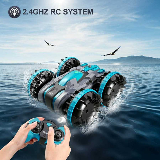 4D C9 Amphibious RC Car for Kids gliding on water with 2.4GHz RC system, ideal for land and aquatic play in remote control car toys.
