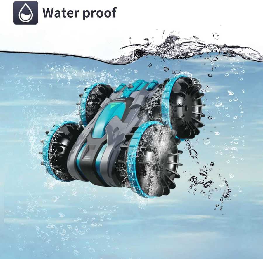 4D C9 Amphibious RC Car for Kids submerged in water, demonstrating waterproof design for versatile remote control car play.