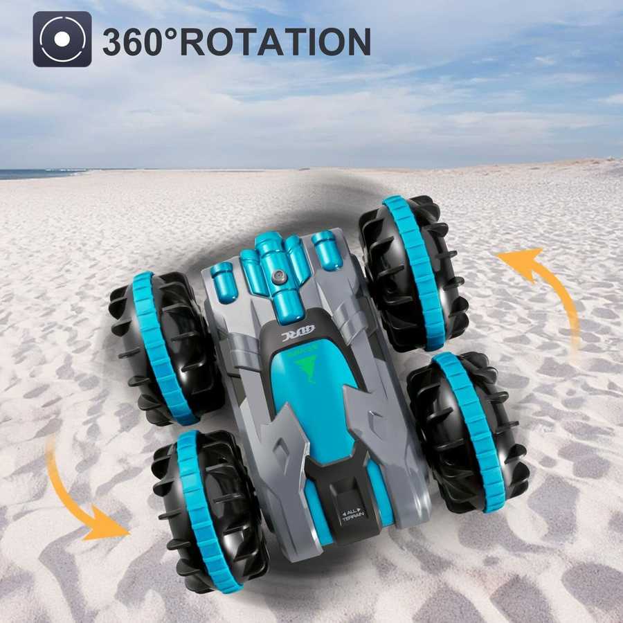 4D C9 Amphibious RC Car for Kids performing 360° rotation on sand, highlighting stunt features in boys&