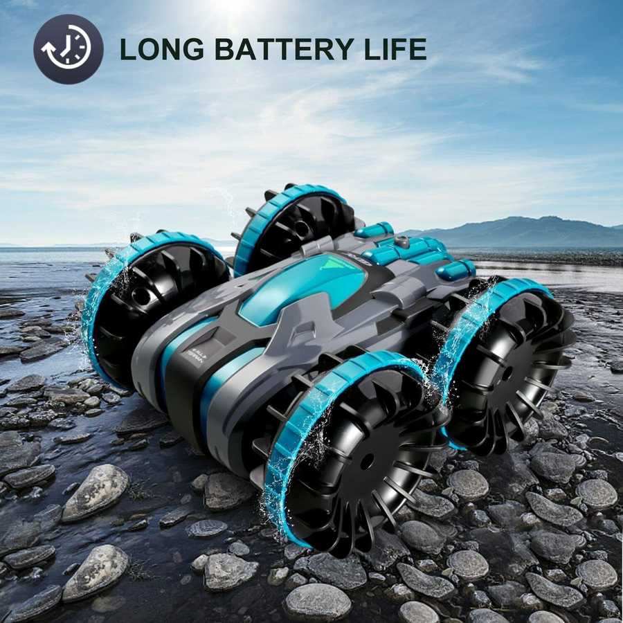 4D C9 Amphibious RC Car for Kids on rocky terrain, emphasizing long battery life and rugged design for outdoor RC car adventures.