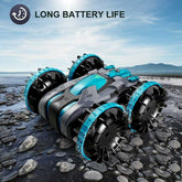 4D C9 Amphibious RC Car for Kids on rocky terrain, emphasizing long battery life and rugged design for outdoor RC car adventures.