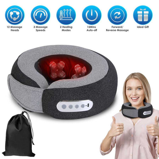 Neck and shoulder massager with features listed and a woman wearing it giving a thumbs-up.