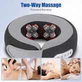 Gray neck massager with two rollers and images of people receiving massages.