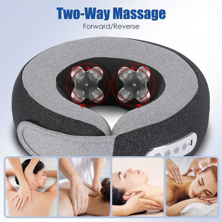 Gray neck massager with two rollers and images of people receiving massages.