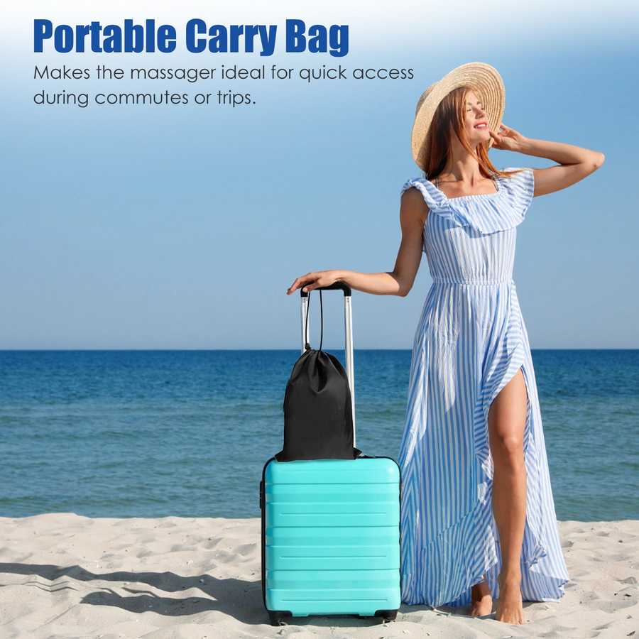 Woman on a beach with a portable carry bag and turquoise suitcase.