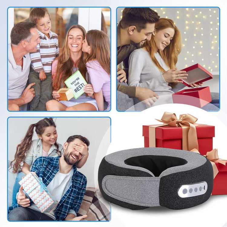 Collage of people with a neck massager and presents, indicating a gift scenario.