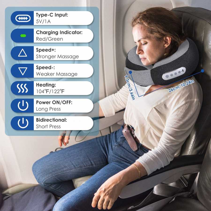Woman using a neck massage pillow on an airplane with control panel details.