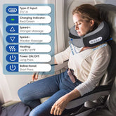 Woman using a neck massage pillow on an airplane with control panel details.