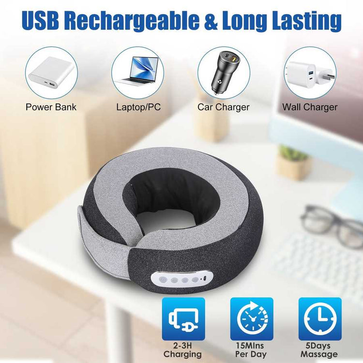 Neck pillow with USB charging features on a desk background