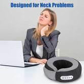 Woman with neck pain using a neck pillow next to a laptop, with text &