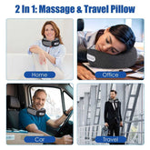 4-image collage of a 2-in-1 massage and travel pillow used in home, office, car, and travel settings.