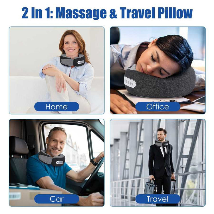 4-image collage of a 2-in-1 massage and travel pillow used in home, office, car, and travel settings.