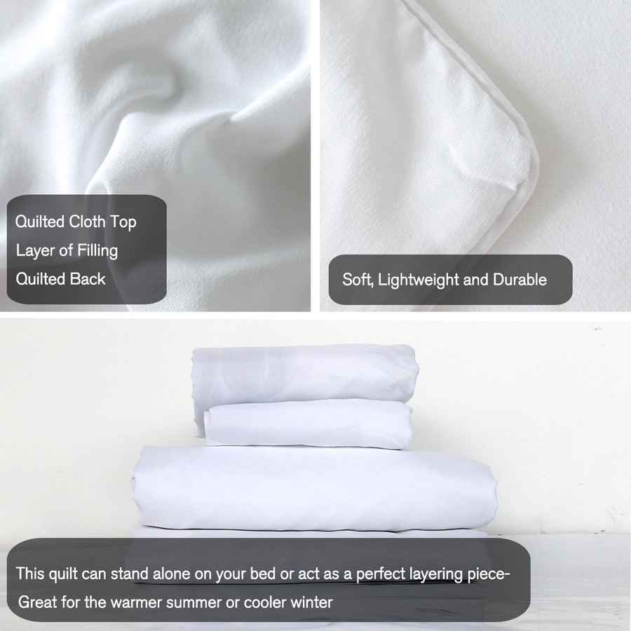 White quilt with text describing its features on a light gray background