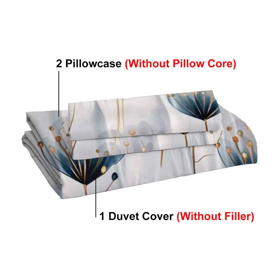 Set of floral-patterned bedding with labels indicating components on a white background