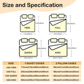 Chart showing size and specification of duvet cover and pillow cases with measurements in inches.