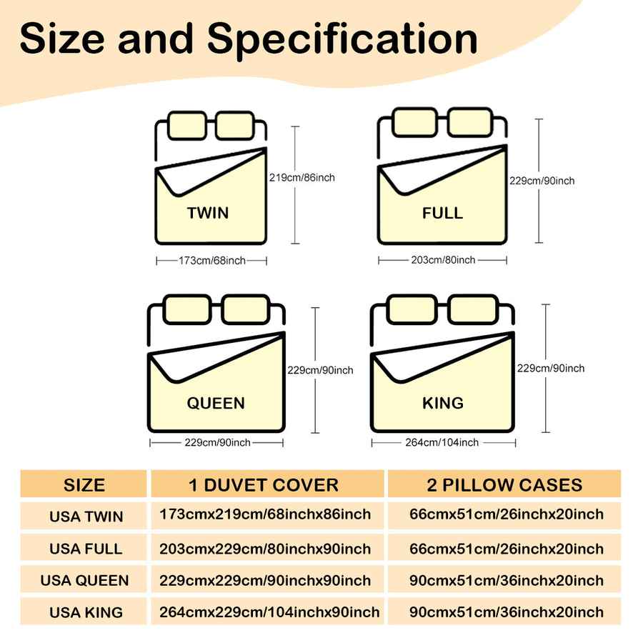 Chart showing size and specification of duvet cover and pillow cases with measurements in inches.