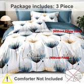 Bedding set with dandelion pattern including a duvet cover and two pillowcases on a bed.