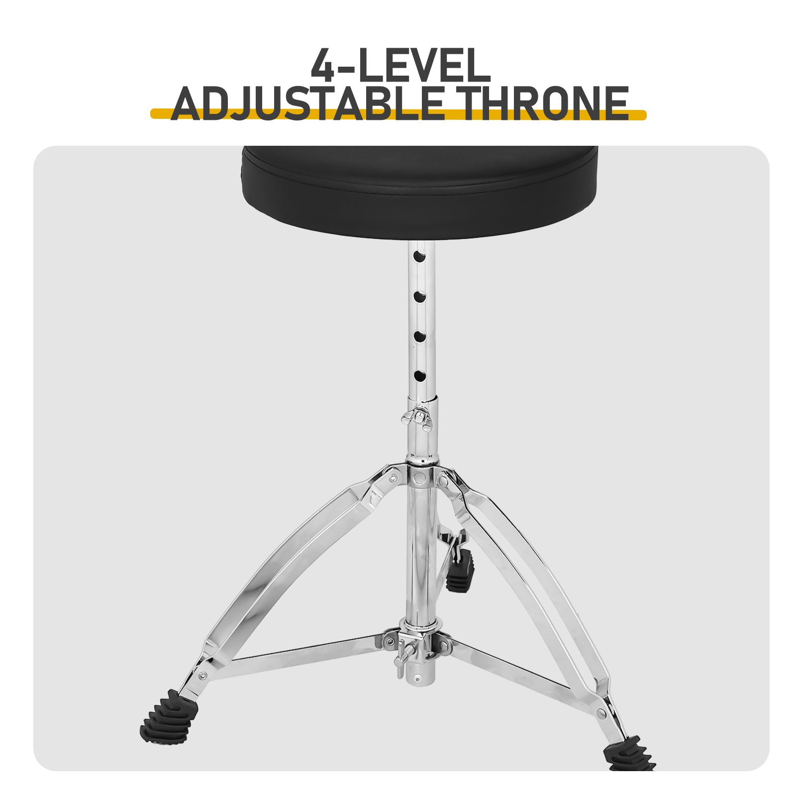 4-level adjustable drum throne included with Full Size 5-Piece Adult Drum Set, designed for comfort and stability during long sessions.