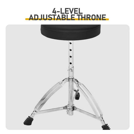 4-level adjustable drum throne included with Full Size 5-Piece Adult Drum Set, designed for comfort and stability during long sessions.
