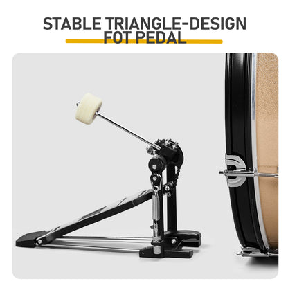 Stable triangle-design foot pedal on Full Size 5-Piece Adult Drum Set, engineered for responsive performance and secure play.