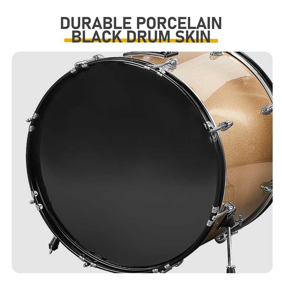 Close-up of durable porcelain black drum skin on Full Size 5-Piece Adult Drum Set, built for superior sound and long-lasting use.