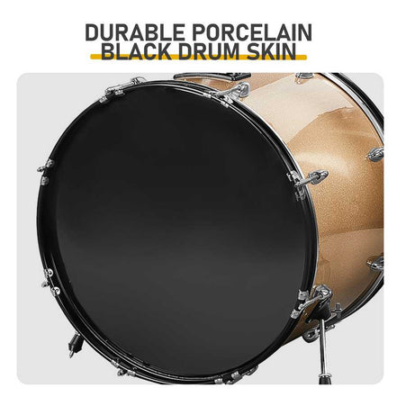 Close-up of durable porcelain black drum skin on Full Size 5-Piece Adult Drum Set, built for superior sound and long-lasting use.