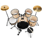 Top-down view of Full Size 5-Piece Adult Drum Set with cymbals and stool, highlighting layout and included accessories for complete setup.