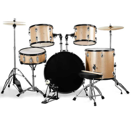 Front view of Full Size 5-Piece Adult Drum Set with cymbals and stool, featuring a powerful bass drum and responsive toms for dynamic play.