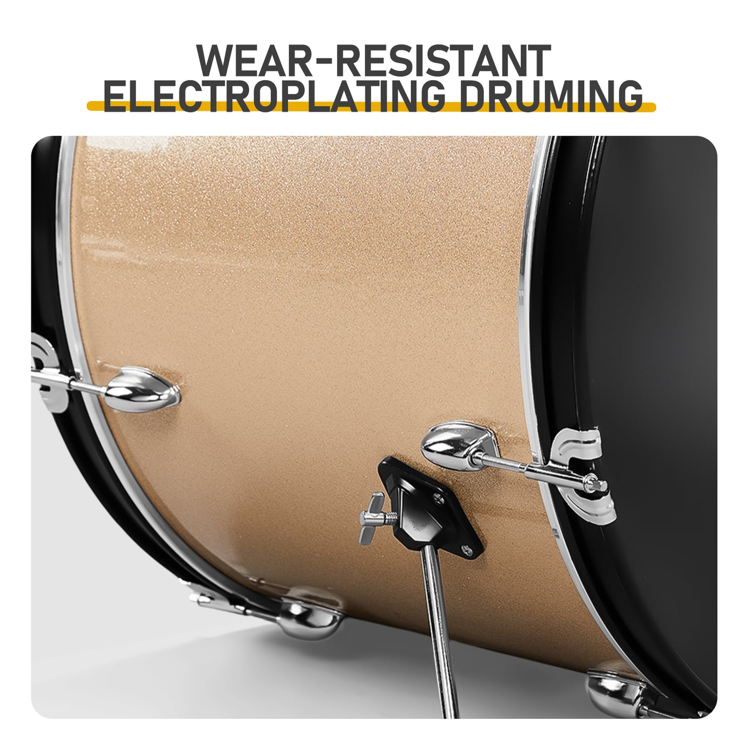 Detail of wear-resistant electroplating on Full Size 5-Piece Adult Drum Set, ensuring durability and sleek appearance for frequent use.