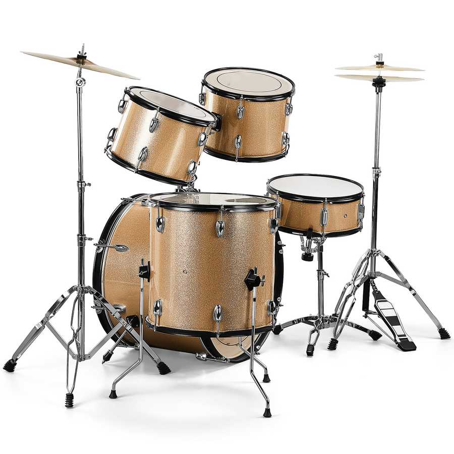 Rear view of Full Size 5-Piece Adult Drum Set with cymbals and stool, showcasing chrome hardware and sturdy construction for lasting performance.