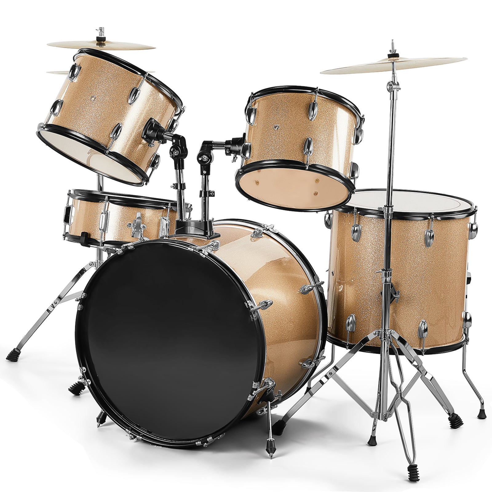 Full Size 5-Piece Adult Drum Set with cymbals and stool in champagne finish, featuring durable construction and powerful sound quality.