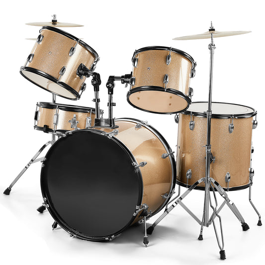 Full Size 5-Piece Adult Drum Set with cymbals and stool in champagne finish, featuring durable construction and powerful sound quality.